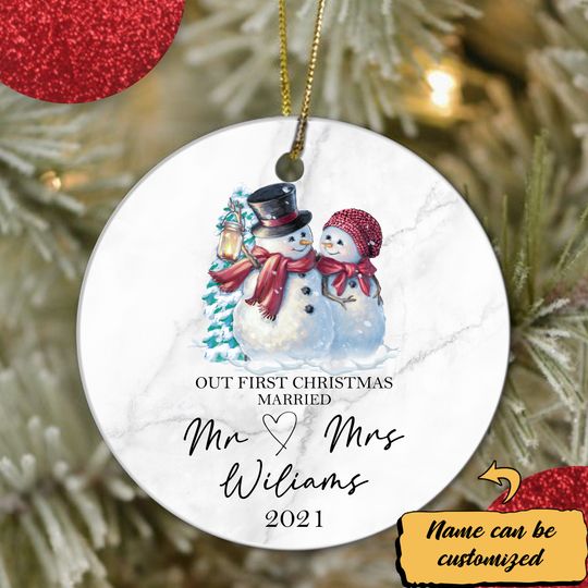 First Christmas Married Couple Family Ceramic Circle Custom Ornament