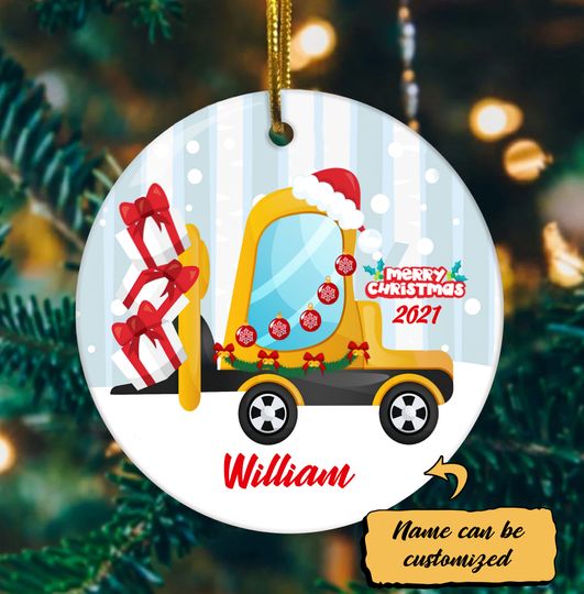 Digger Forklift Christmas Ceramic Circle Custom Ornament