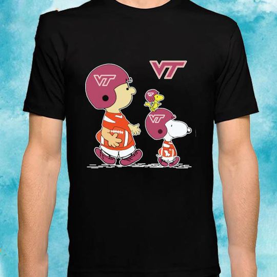 Nice The Peanuts Charlie Brown And Snoopy Woodstock Virginia Tech Hokies Football T Shirt