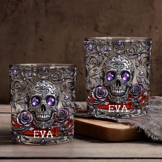 Beautiful Skull And Roses - Personalized Skull Whiskey Glass