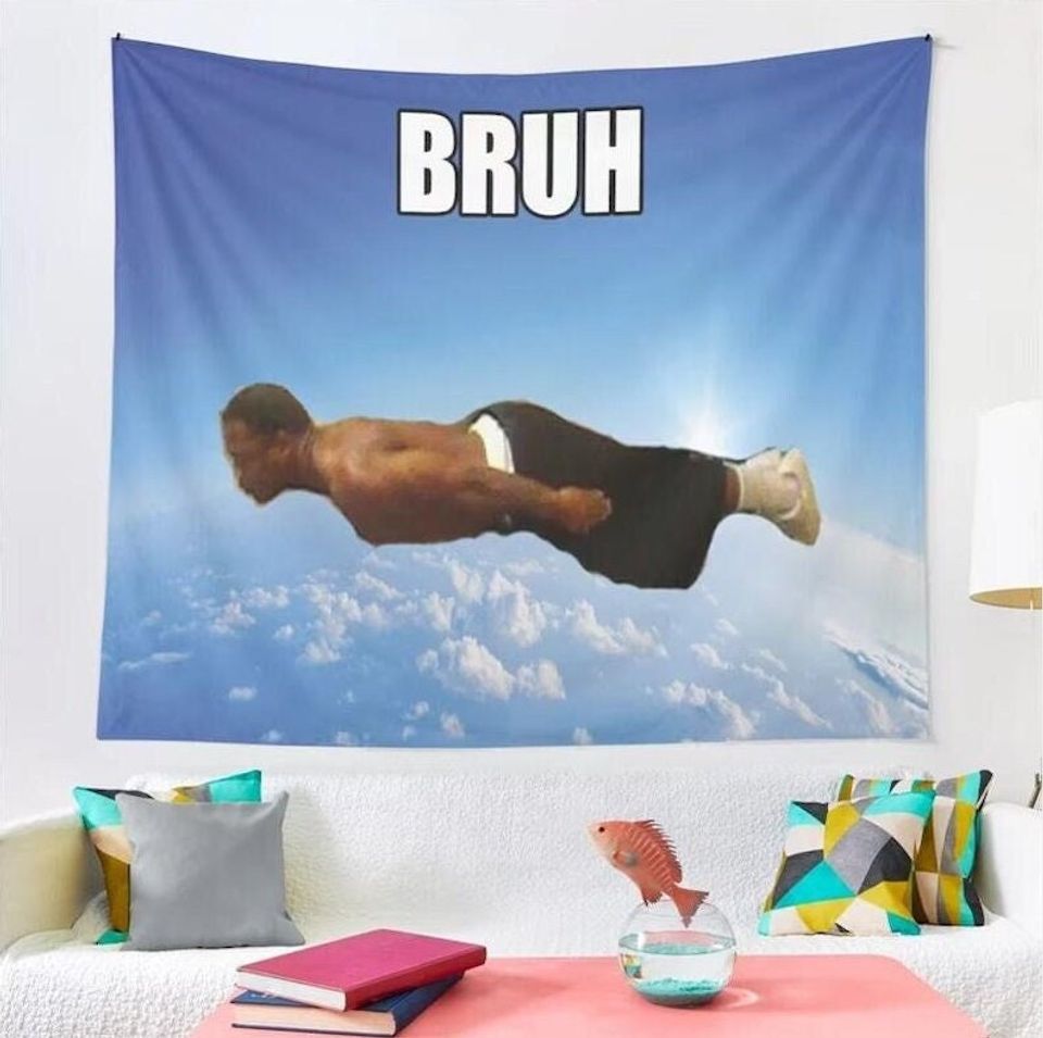 Bruh Flying Midget Tapestries Wall Art Funny Men Tapestry Wall Hanging Meme Tapestry For Living Room Bedroom College Dorm Party Home Decor