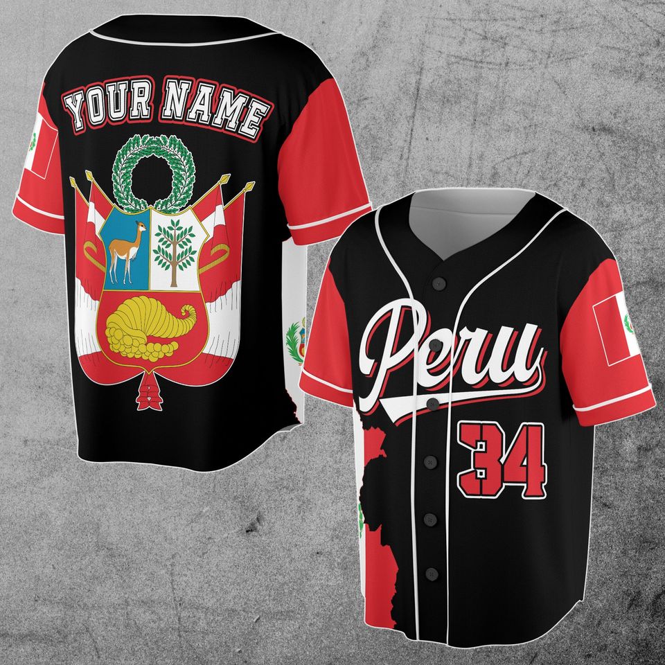 Peru Flag Coat of Arms Patriotic Personalized Name Number 3D Baseball Jersey