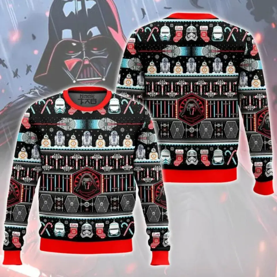 Darth Vader Pattern Ugly Christmas Sweater Funny Holiday Party Pullover Winter Warm Cozy Vintage Jumper for Men Xmas Gift 2026