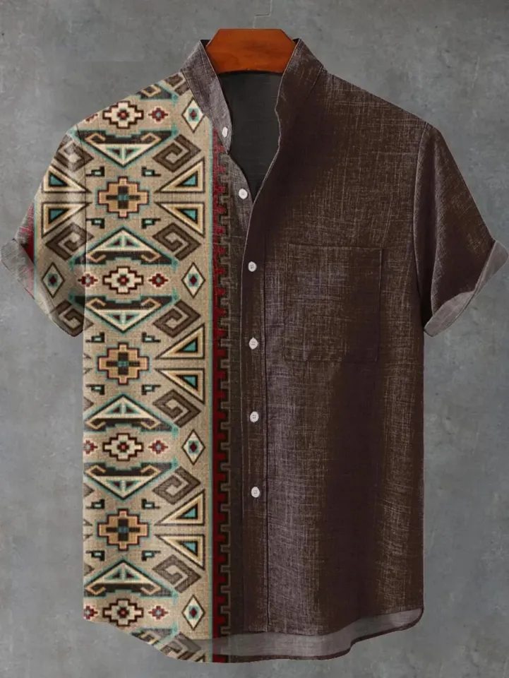 New ethnic-style shirt pattern casual design men's linen printed short-sleeved shirt button fashionable top