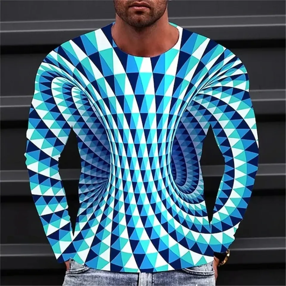 Fashionable Men's Printed T-shirt Optical Illusion Round Neck Long Sleeved Street Harajuku Exaggerated Designer Round Neck Top