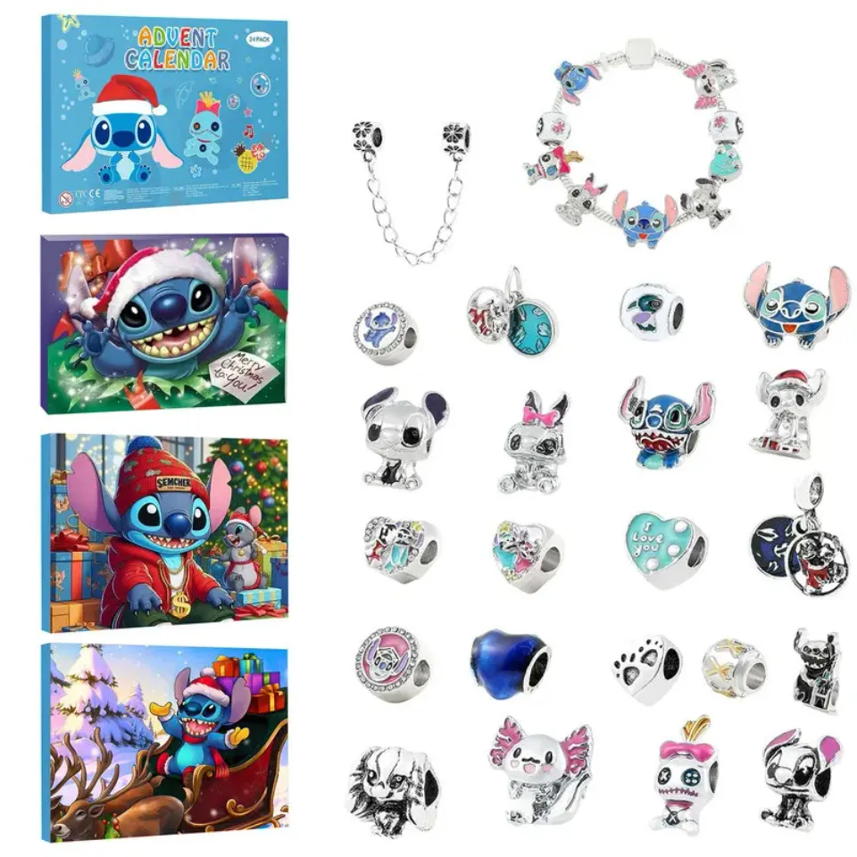 Christmas Advent Calendar Blind Box Mickey Stitch Bracelets 24 Days Xmas Countdown Calendar Diy Jewelry Christmas Gifts