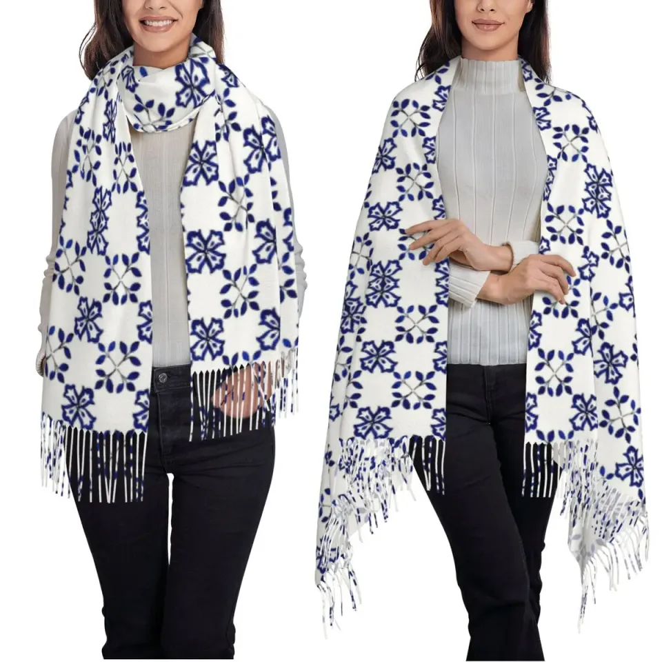 Azulejo Portuguese Tile Watercolor Artwork Scarf Tassel Scarves for Women Soft Warm Shawls and Wraps Long Fall Winter Shawl Wrap