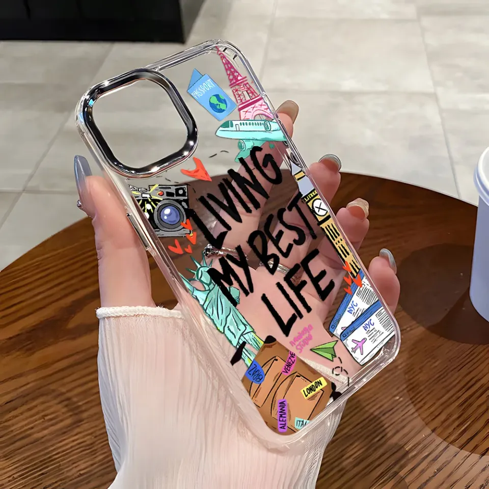 World Travel Label Phone Case For iPhone 17 Pro Max Air 16 15 Pro For iPhone 14 Pro 13 12 11 Shockproof Funda Silver Lens Frame