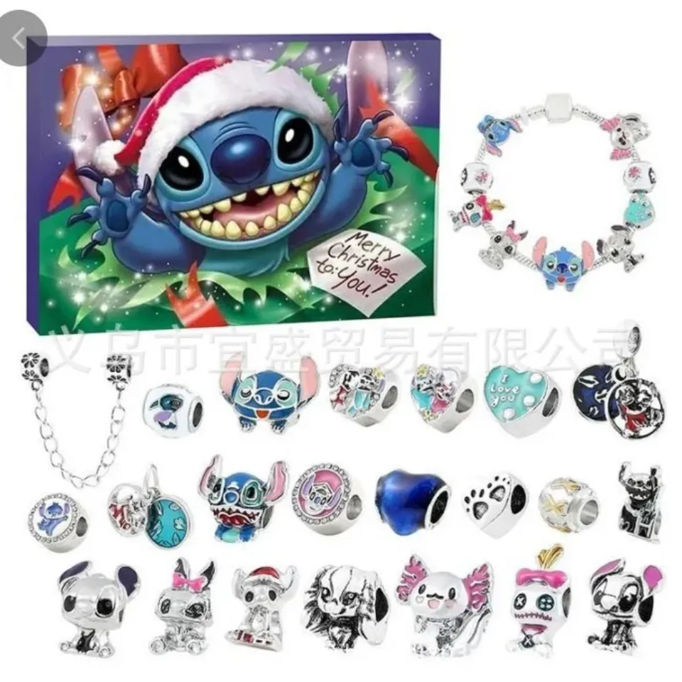 Christmas Advent Calendar Blind Box Mickey Stitch Bracelets 24 Days Xmas Countdown Calendar Diy Jewelry Christmas Gifts