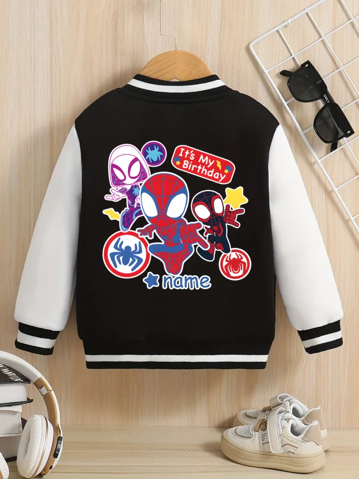 Marvel children's baseball jacket - Spider-Man family theme print, rich double-sided pattern, suitable for school, playin