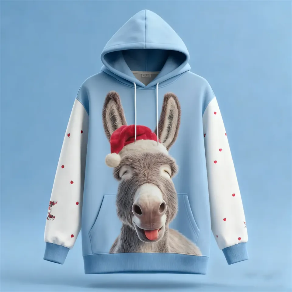 Men's Funny Christmas Donkey Graphic Hoodies 3D Printed Abstract Animal Pattern Hooded Sweatshirts Loose Casual Comfortable Tops