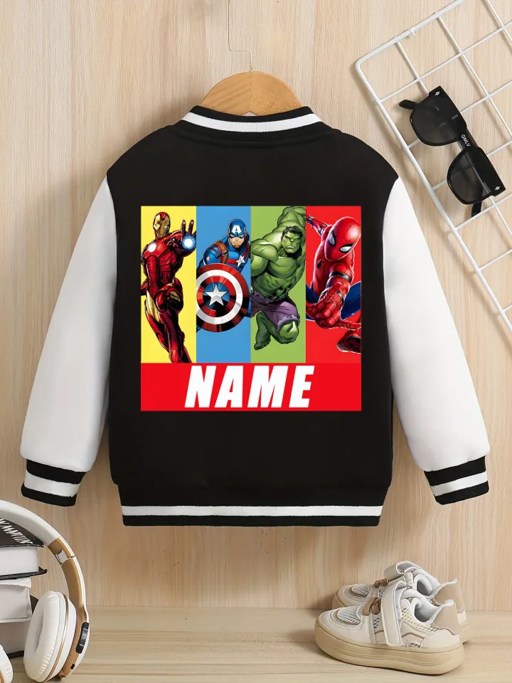 Marvel boys' baseball jacket - featuring classic hero prints like Iron Man and Captain America, with eye-catching double-