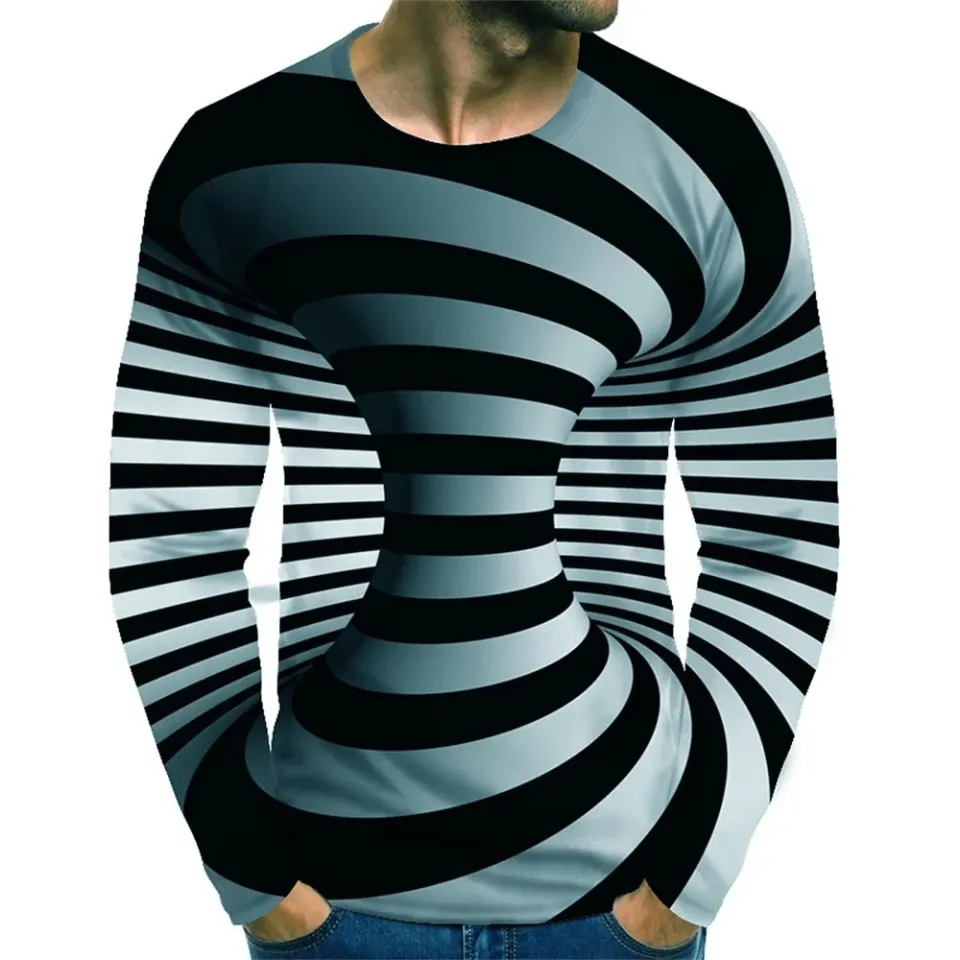 Fashionable Men's Printed T-shirt Optical Illusion Round Neck Long Sleeved Street Harajuku Exaggerated Designer Round Neck Top