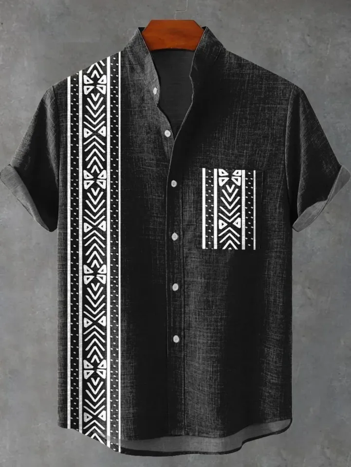 New ethnic-style shirt pattern casual design men's linen printed short-sleeved shirt button fashionable top