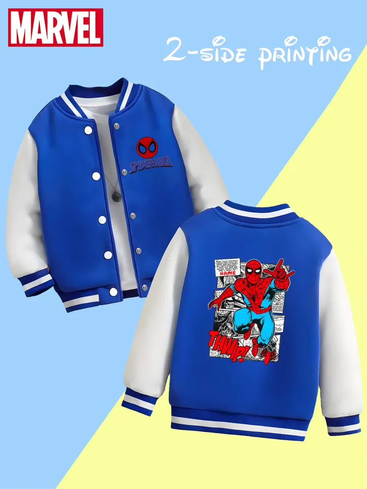 Marvel boys' baseball jacket - Spider-Man comic scene print, double-sided story clips, suitable for school, reading shari
