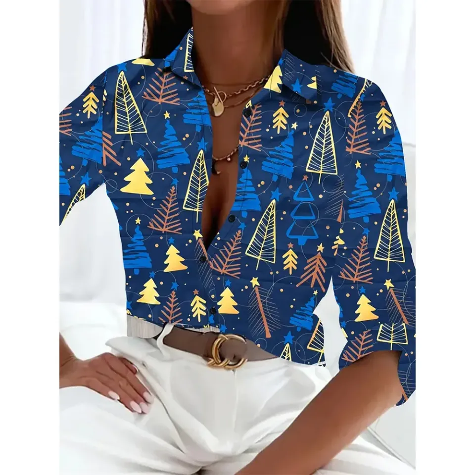 Women's 2024 New 3d Christmas Printed Long Sleeve Shirts Elegant Lapel Long Sleeve Top Winter Spring Single-Breasted Basic Shirt