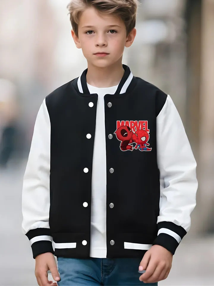 Marvel Boys' Baseball Jacket - Deadpool and Spider-Man Reversible Pattern, Soft Fabric