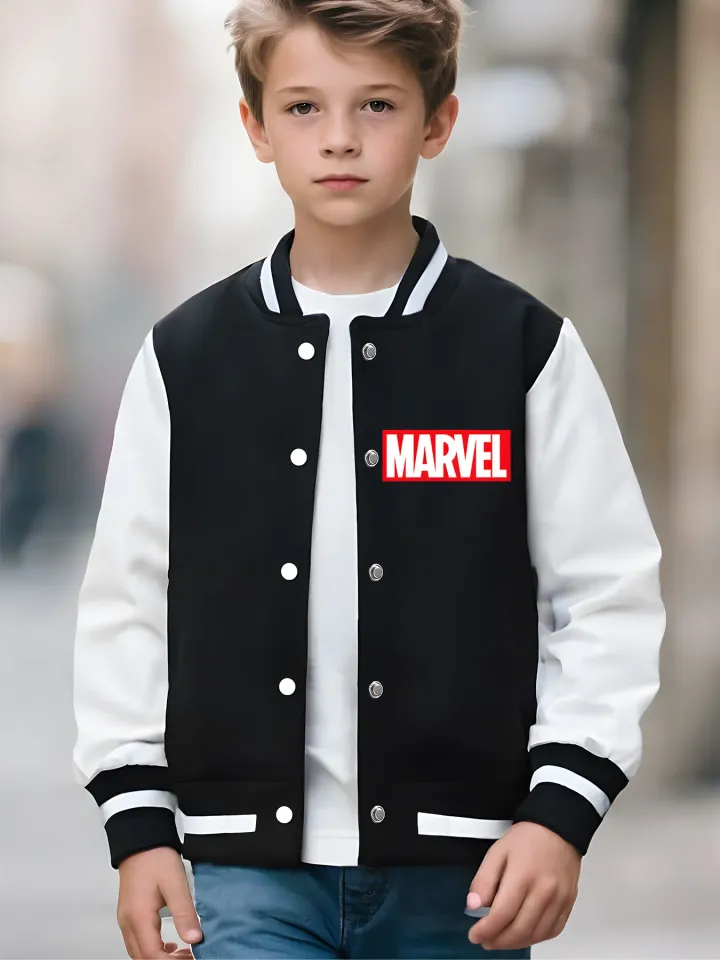Marvel boys' baseball jacket - featuring classic hero prints like Iron Man and Captain America, with eye-catching double-