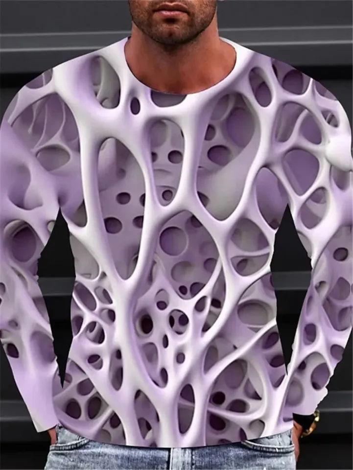 Fashionable Men's Printed T-shirt Optical Illusion Round Neck Long Sleeved Street Harajuku Exaggerated Designer Round Neck Top