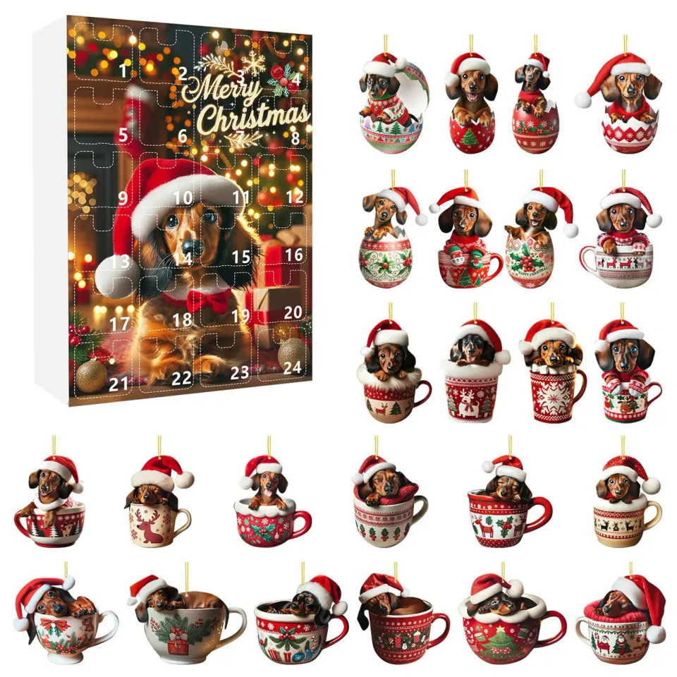 24 Days Dachshunds Christmas Holiday Advent Calendar 2D Acrylic Dachshunds Ornament Countdown Calendar Xmas Tree Hanging Pendant
