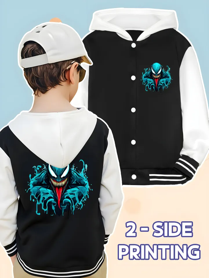 Marvel Boys' Baseball hooded Jacket - Cool Venom Print, Double-Sided Pattern, Soft Fabric