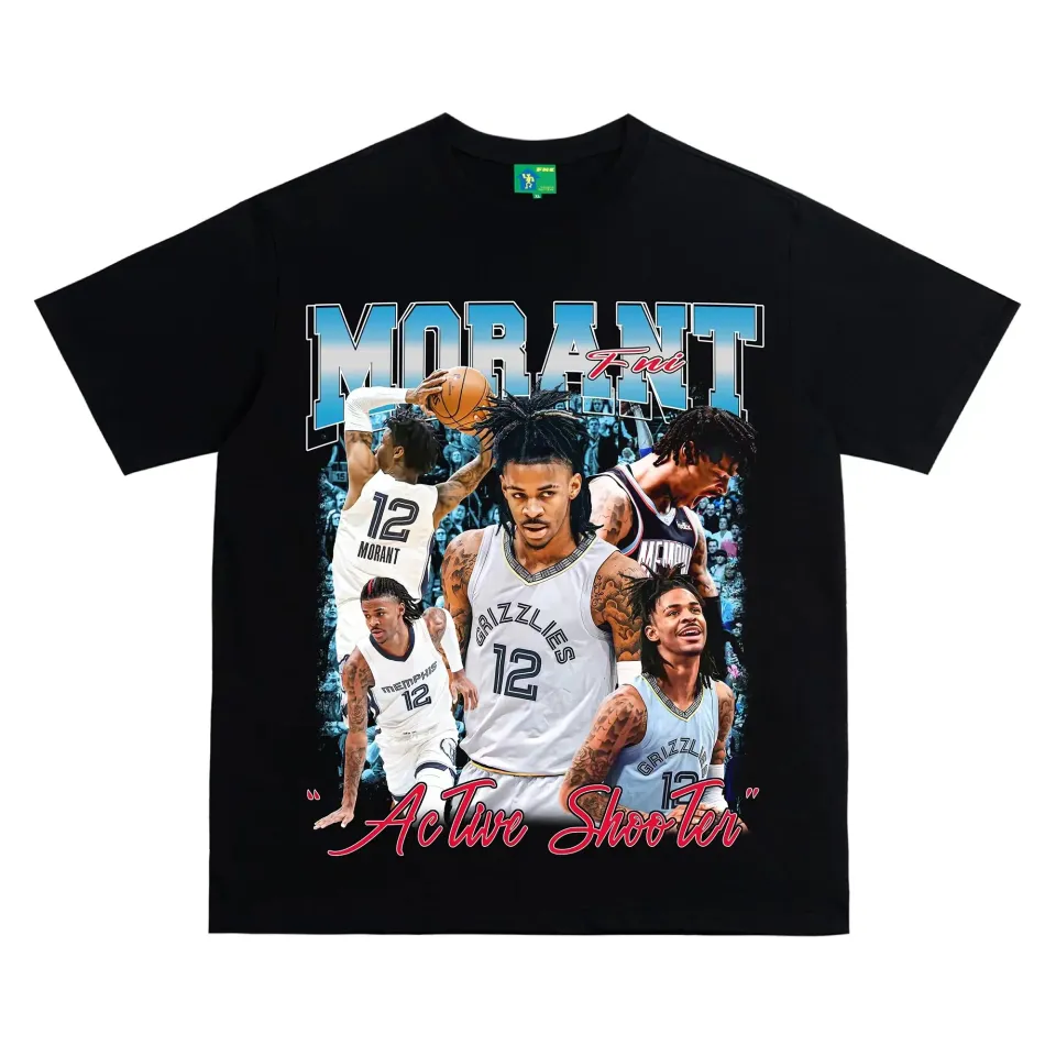 Retro American High Street Morant Print Ort Sve Waed Heavyweight Fashion Unisex Casual T-shirt Loose Fit Round  Versatile Youth