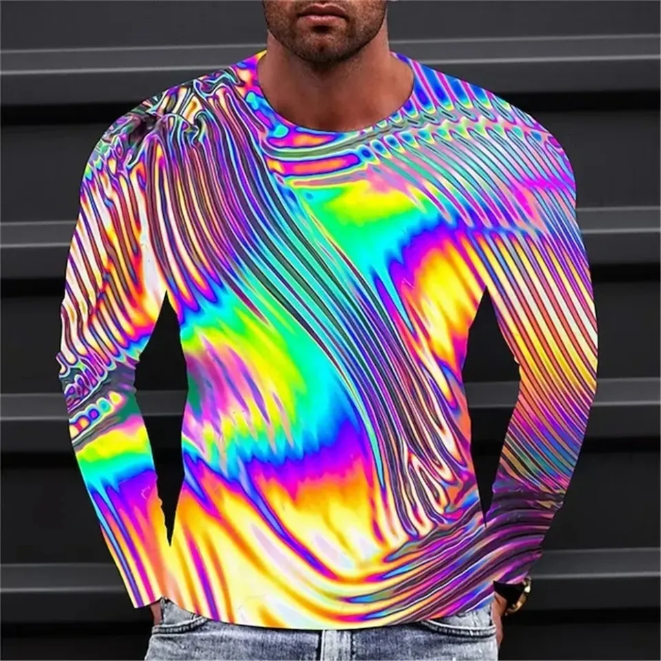 Fashionable Men's Printed T-shirt Optical Illusion Round Neck Long Sleeved Street Harajuku Exaggerated Designer Round Neck Top
