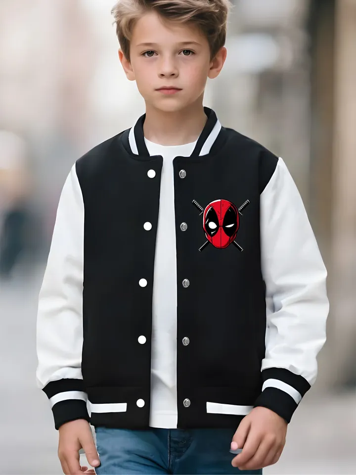 Marvel boys' baseball jacket - Deadpool 3D lettering print, double-sided to highlight individual style, suitable for dail