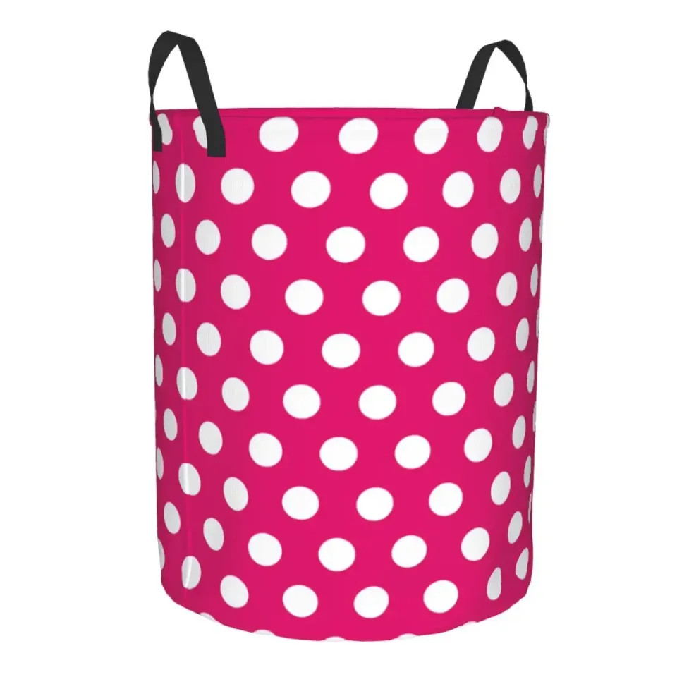 Pink and White Polka Dots Laundry Basket - Foldable Storage Bin for Kids Nursery
