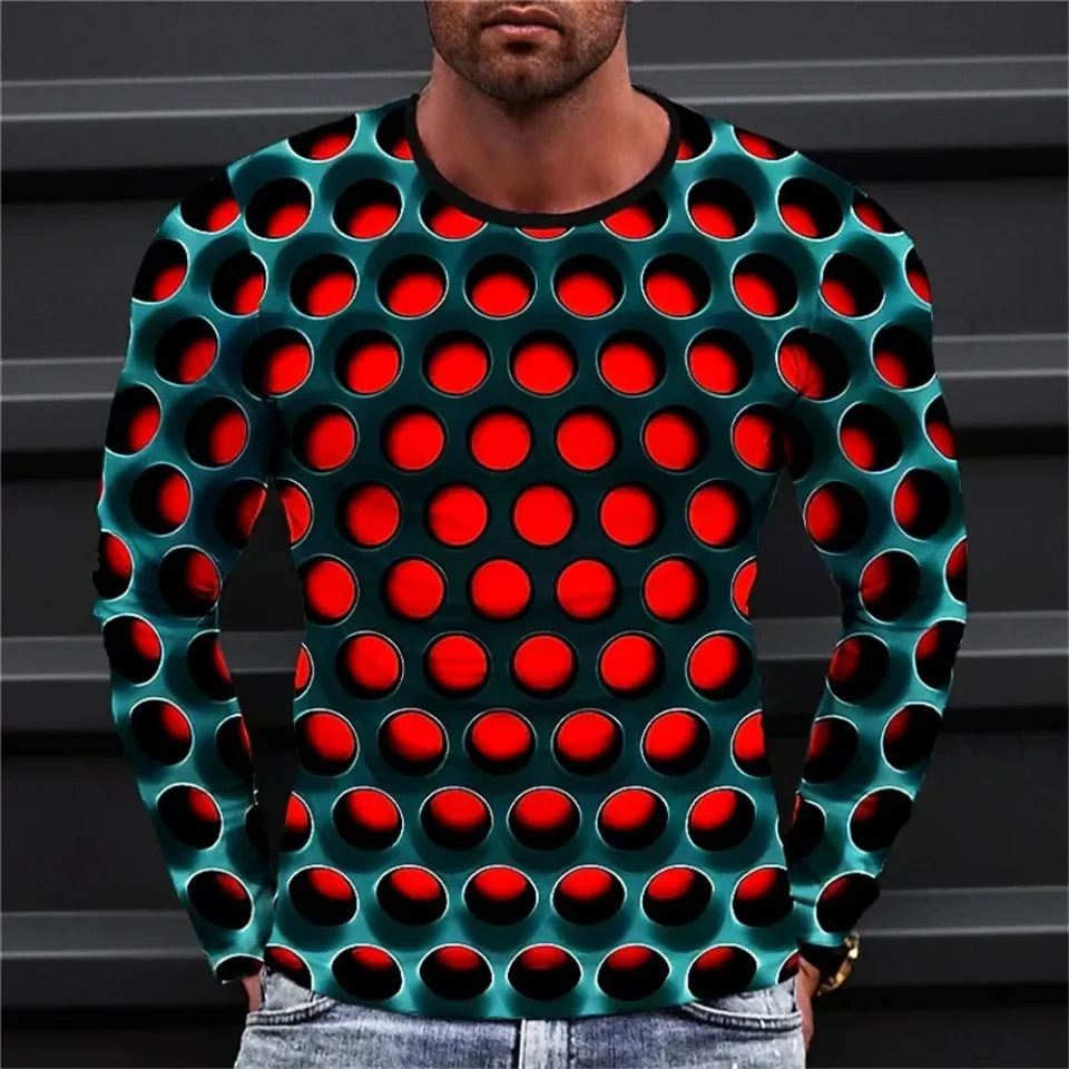 Fashionable Men's Printed T-shirt Optical Illusion Round Neck Long Sleeved Street Harajuku Exaggerated Designer Round Neck Top