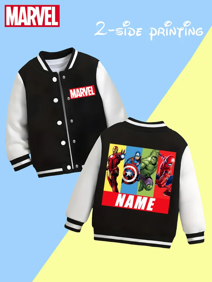 Marvel boys' baseball jacket - featuring classic hero prints like Iron Man and Captain America, with eye-catching double-