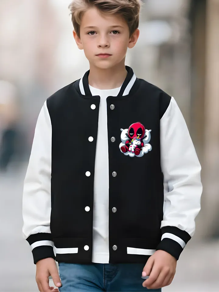Marvel Boys Baseball Jacket - Deadpool Holding Unicorn Cute Print