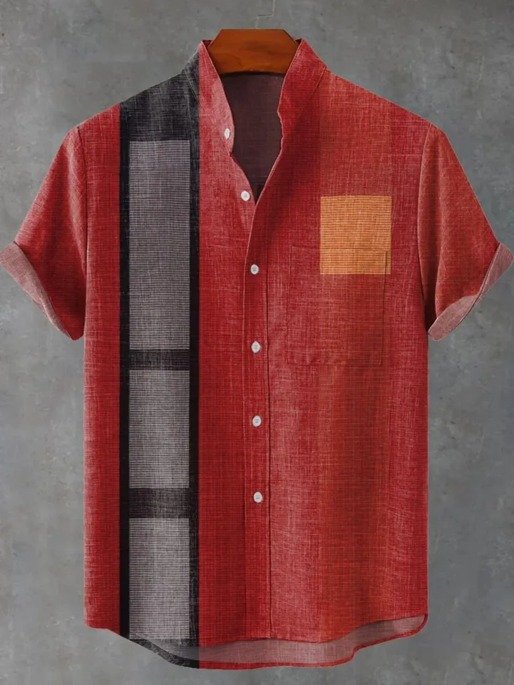 New ethnic-style shirt pattern casual design men's linen printed short-sleeved shirt button fashionable top