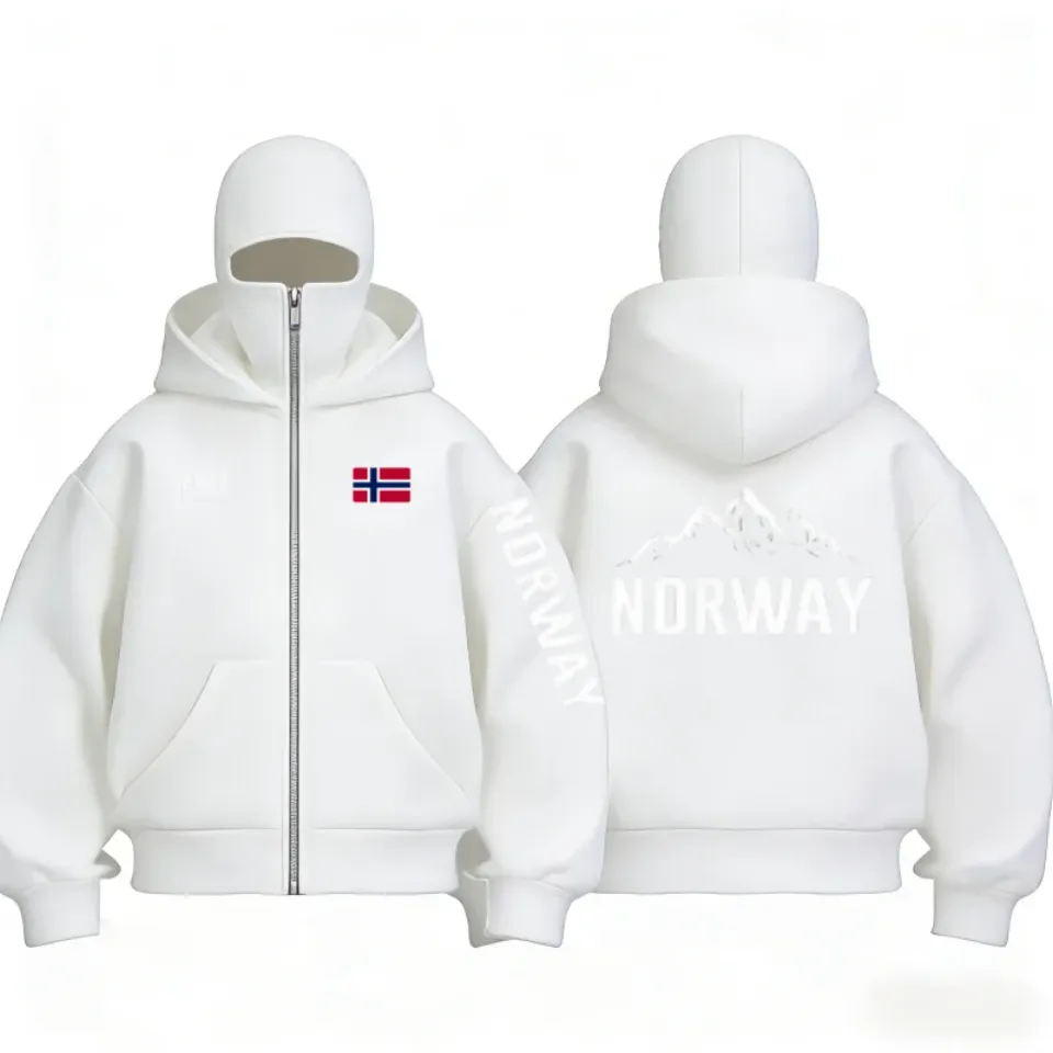 Autumn Winter Men's and Women's Norway flag pattern fleece zip up hoodies Balaclava Hooded Mask Design Fashionable sweatshirt