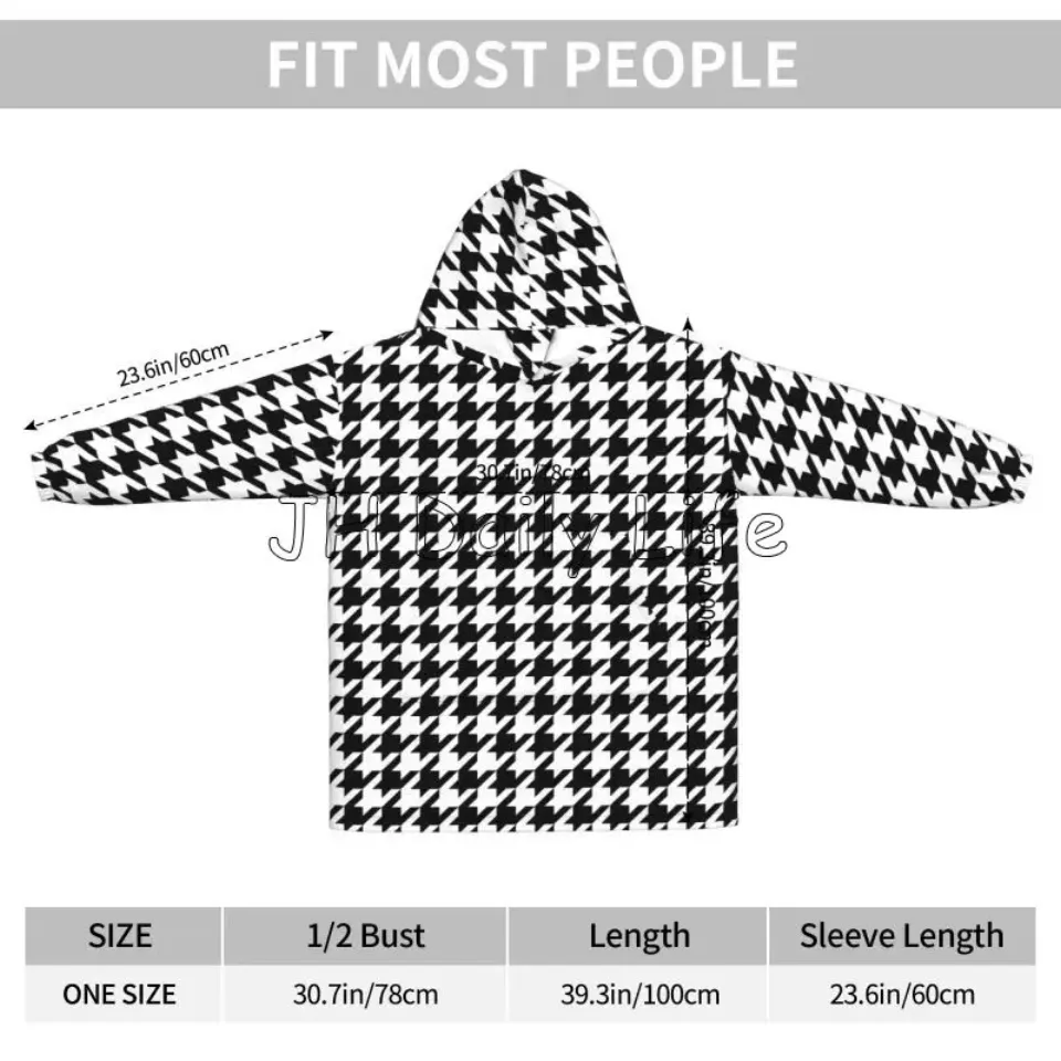 Black White Houndstooth Wearable Blanket Hoodie