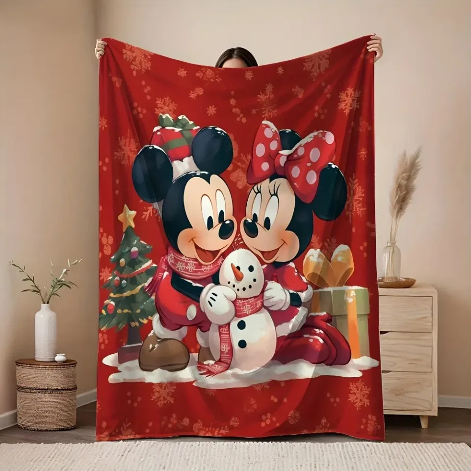 Christmas Mickey & Minnie Snowman Throw Blanket, Disney Holiday Decor