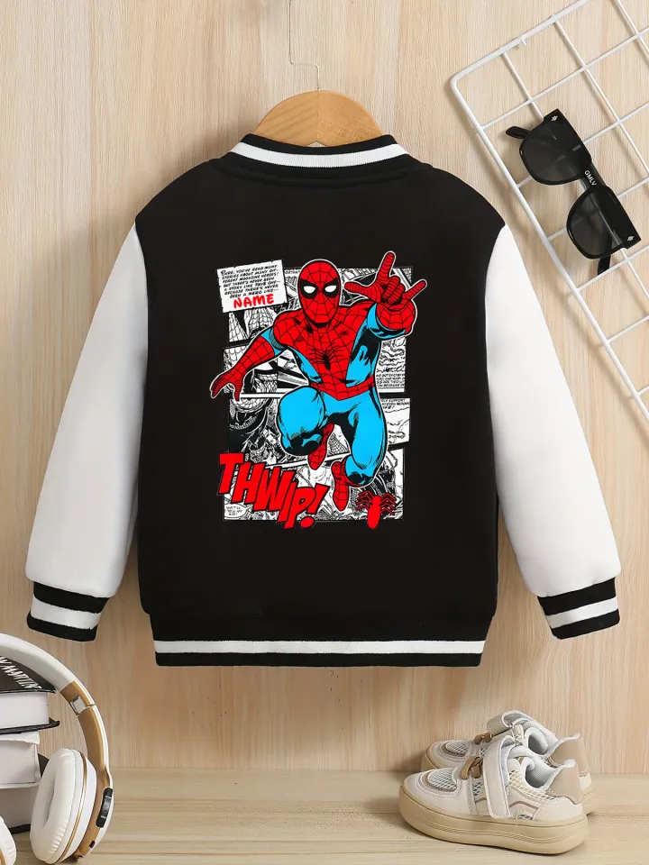 Marvel boys' baseball jacket - Spider-Man comic scene print, double-sided story clips, suitable for school, reading shari
