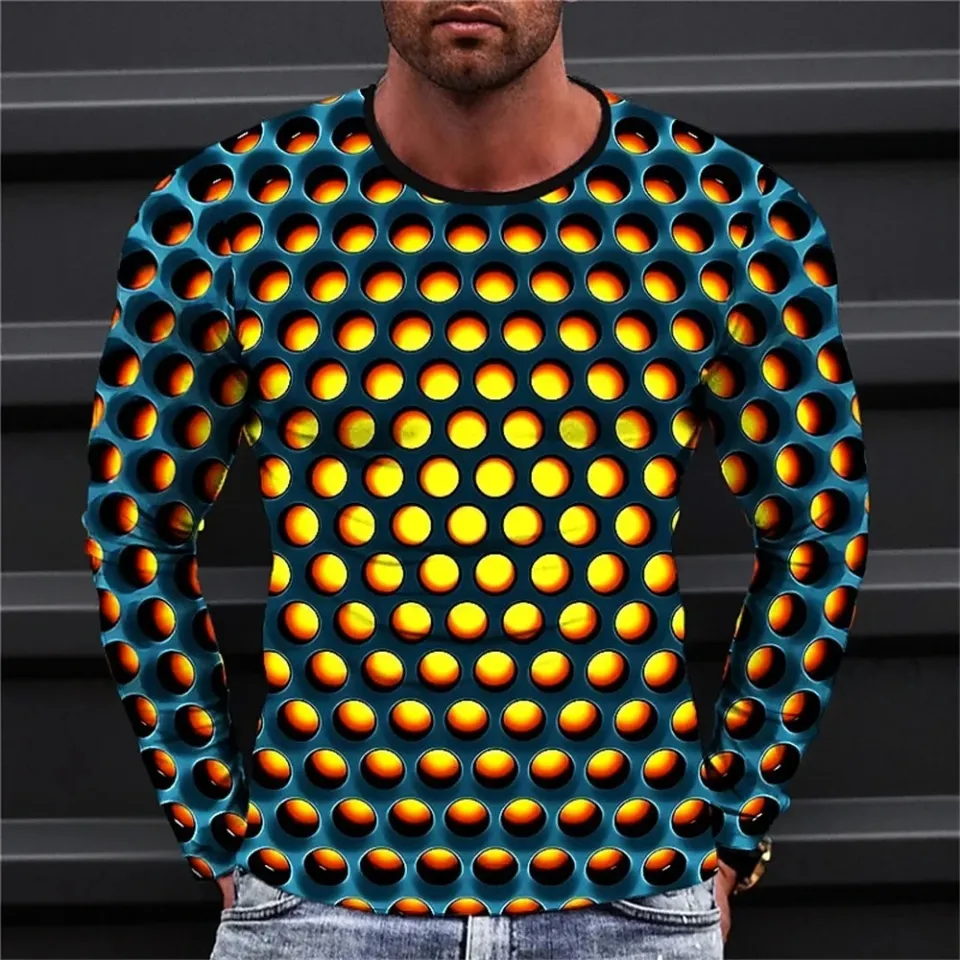 Fashionable Men's Printed T-shirt Optical Illusion Round Neck Long Sleeved Street Harajuku Exaggerated Designer Round Neck Top