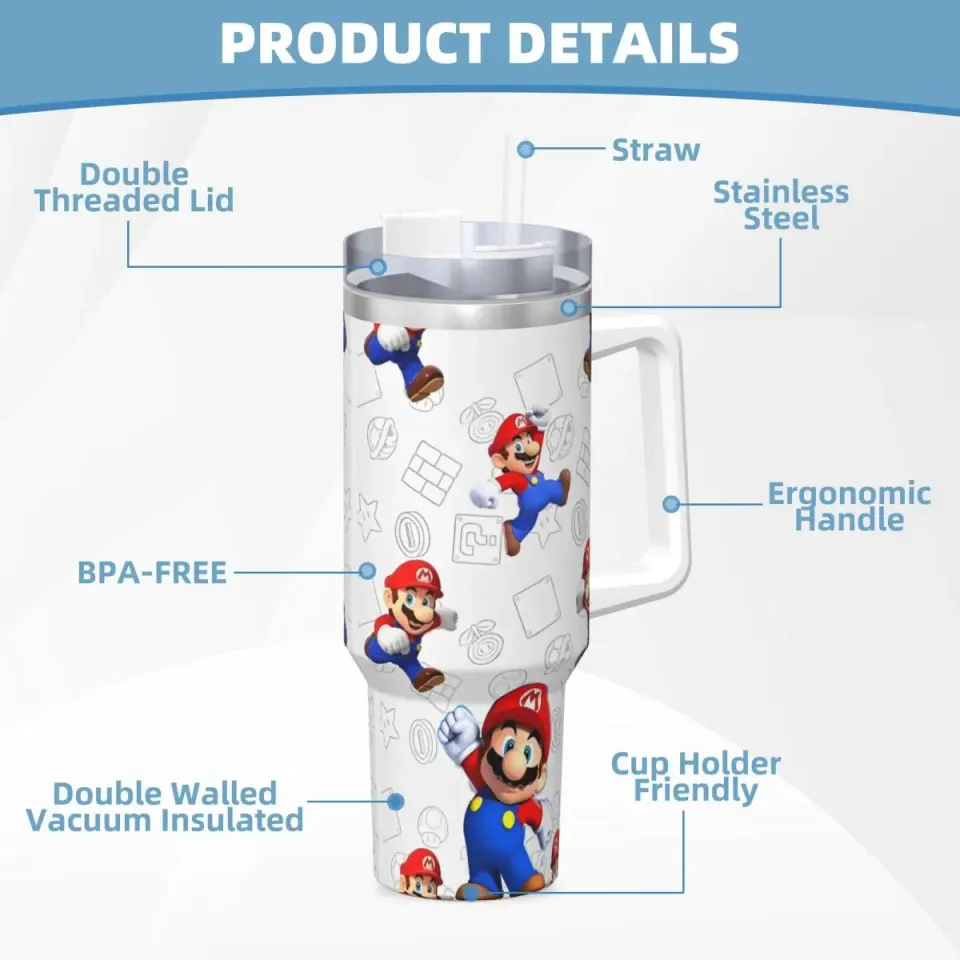 Super Mario Tumblers 40 oz With Handle | Christmas Gift