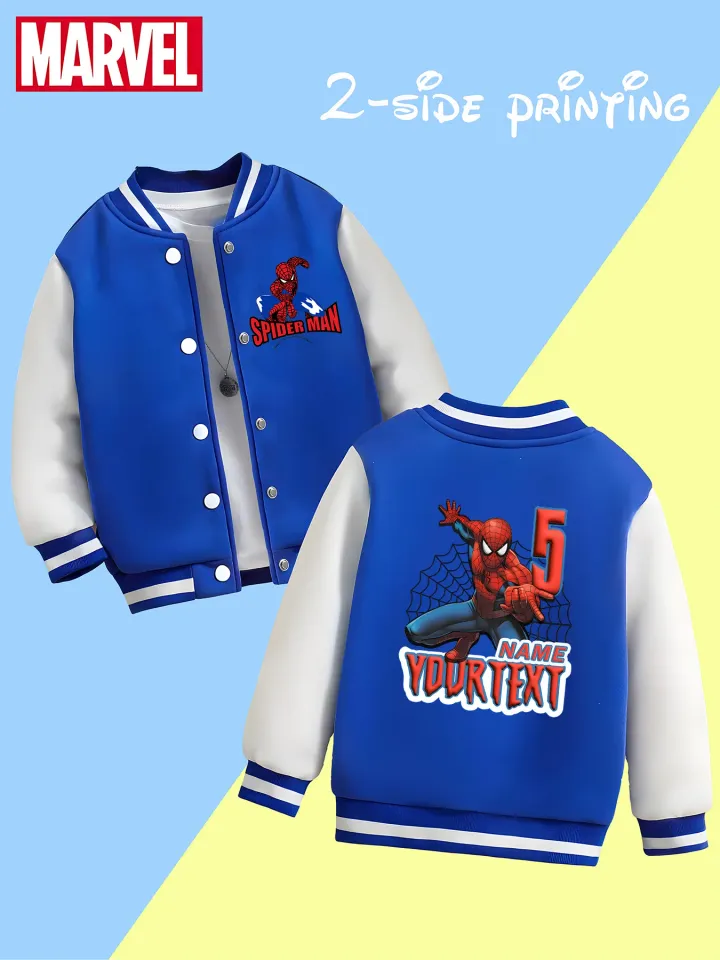 Marvel boys' baseball jacket - Spider-Man digital interactive print, customizable text on both sides, perfect for school,
