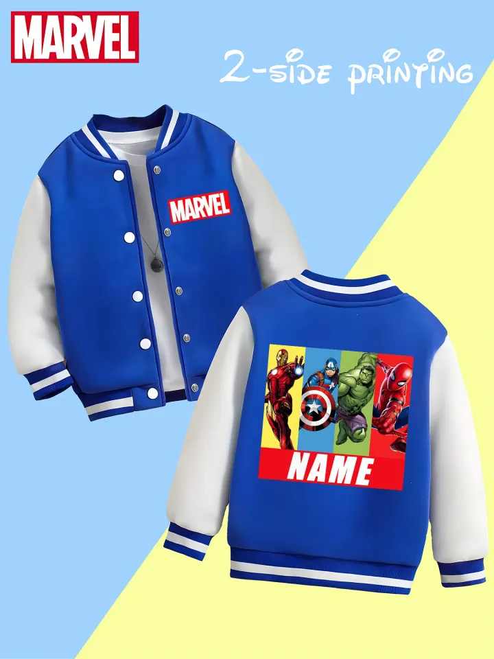 Marvel boys' baseball jacket - featuring classic hero prints like Iron Man and Captain America, with eye-catching double-