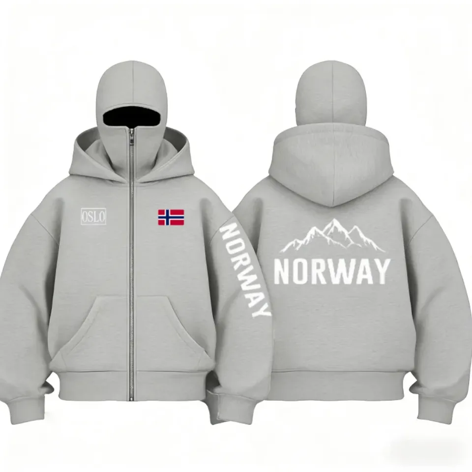 Autumn Winter Men's and Women's Norway flag pattern fleece zip up hoodies Balaclava Hooded Mask Design Fashionable sweatshirt