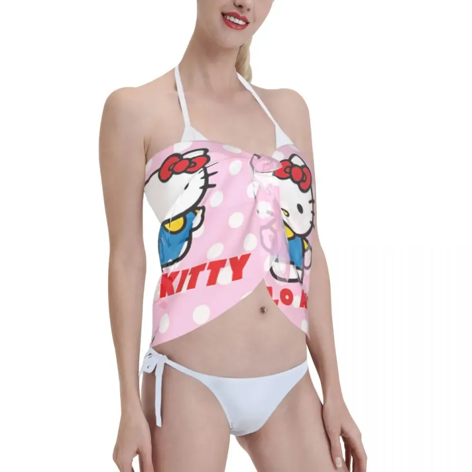 Hello Kitty Catoon Cat Sarong Wraps for Women Swimsuit Coverup Sheer Beach Bathing Suit Chiffon Cover Up Skirt for Swimwear