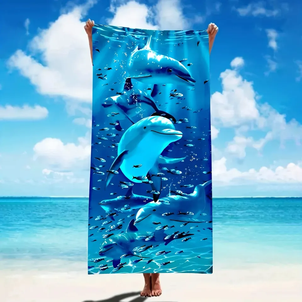 Extra Large Microfiber Beach Towel, Super Absorbent, Quick-Dry, Lightweight, Dolphin & Fish Design,Sun & Wind Protection,Travel