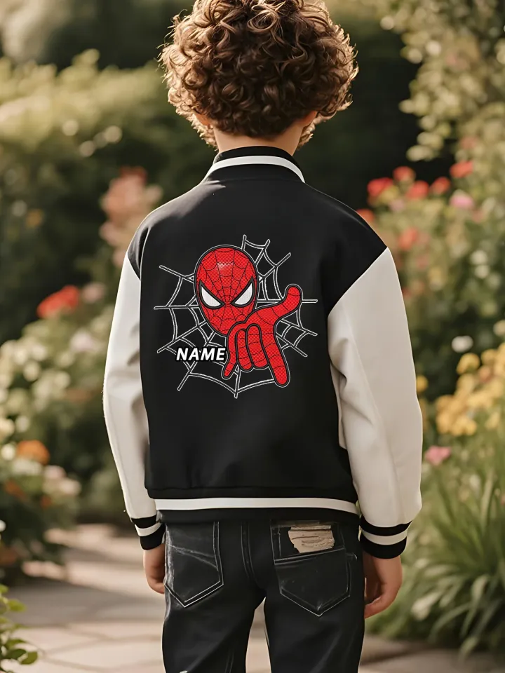Marvel boys' baseball jacket - Spider-Man hand gesture spiderweb print, double-sided display of classic action, suitable