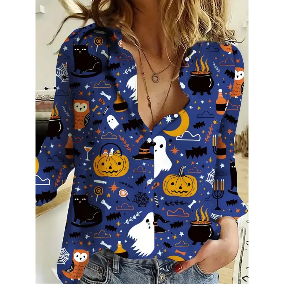 Women's 2024 New 3d Christmas Printed Long Sleeve Shirts Elegant Lapel Long Sleeve Top Winter Spring Single-Breasted Basic Shirt