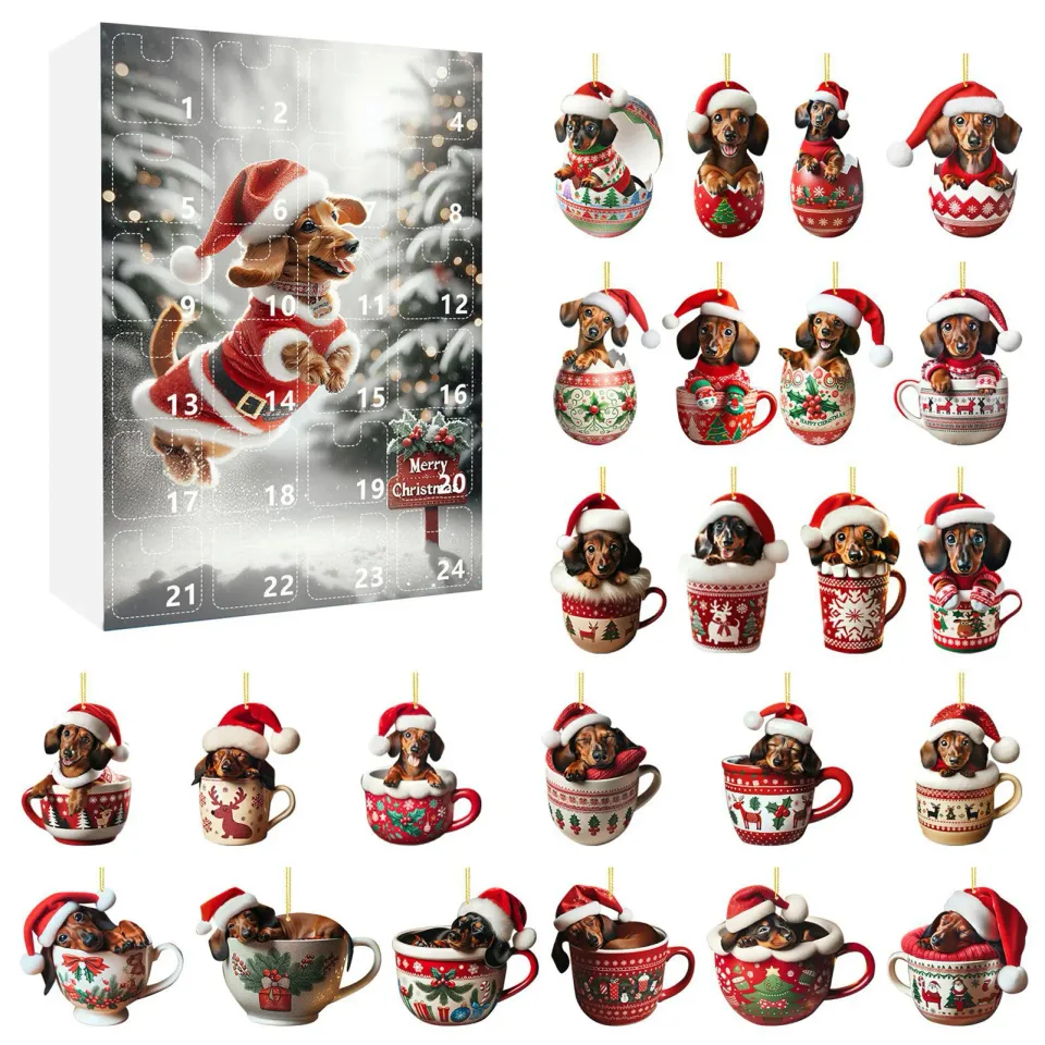 24 Days Dachshunds Christmas Holiday Advent Calendar 2D Acrylic Dachshunds Ornament Countdown Calendar Xmas Tree Hanging Pendant