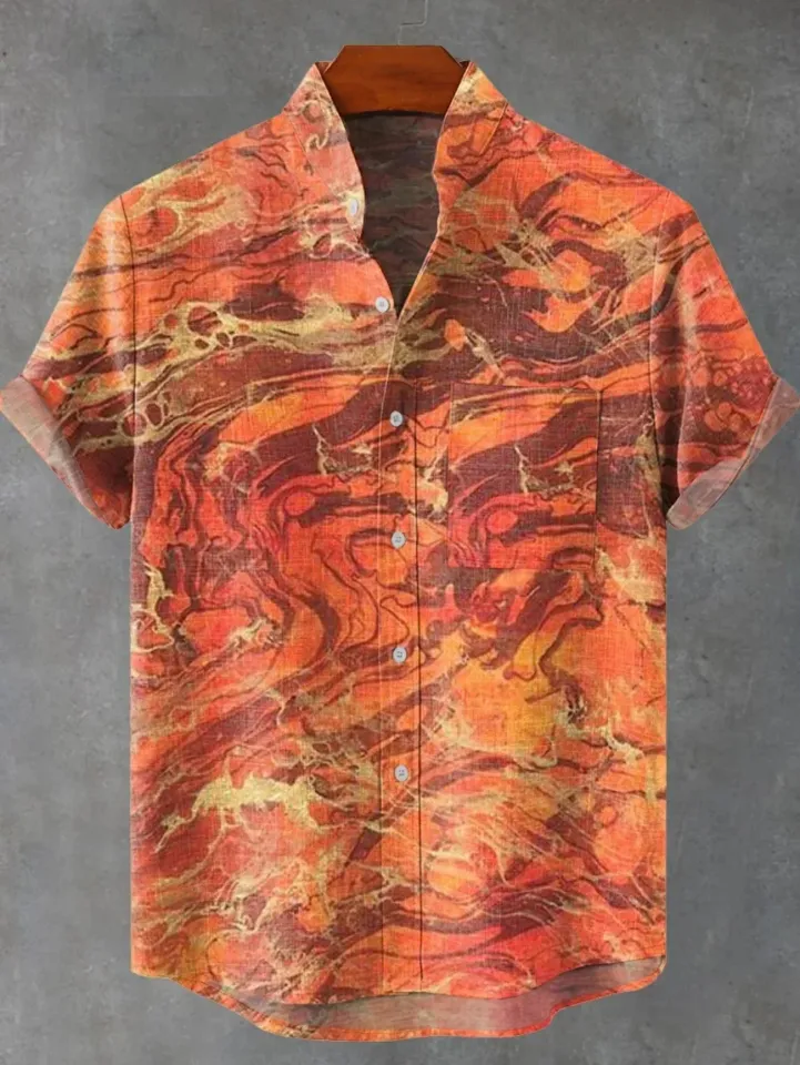 New ethnic-style shirt pattern casual design men's linen printed short-sleeved shirt button fashionable top