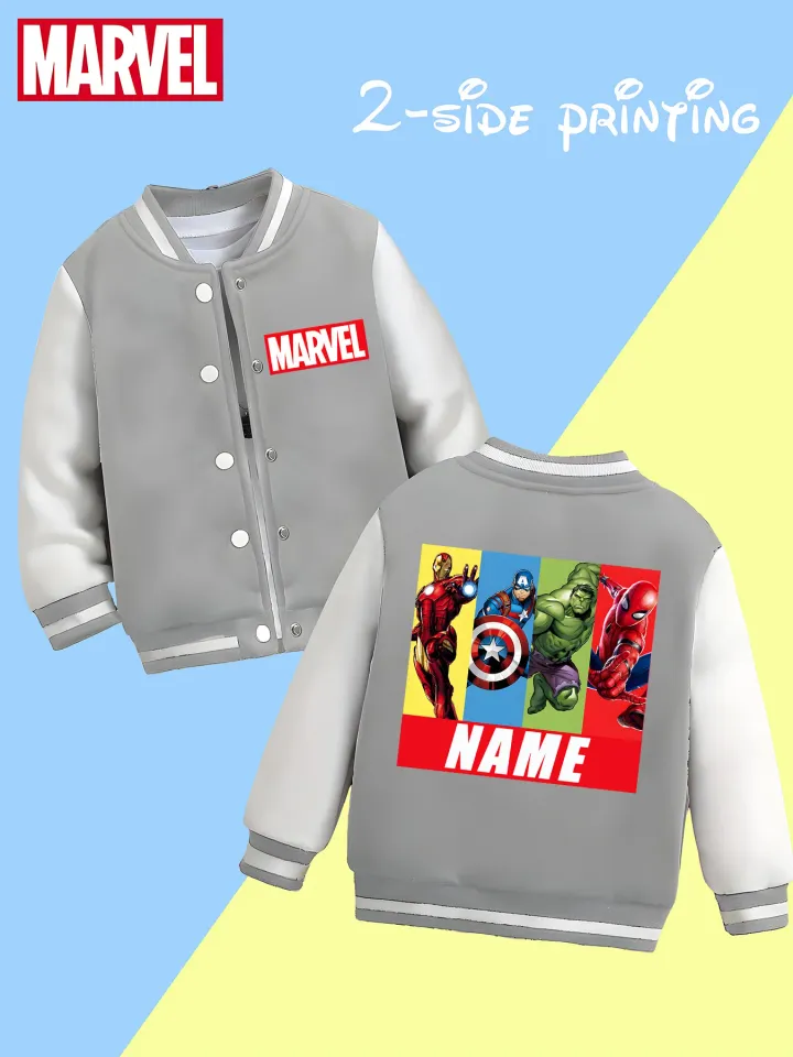 Marvel boys' baseball jacket - featuring classic hero prints like Iron Man and Captain America, with eye-catching double-
