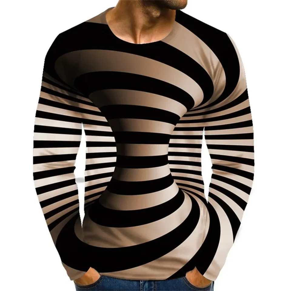 Fashionable Men's Printed T-shirt Optical Illusion Round Neck Long Sleeved Street Harajuku Exaggerated Designer Round Neck Top